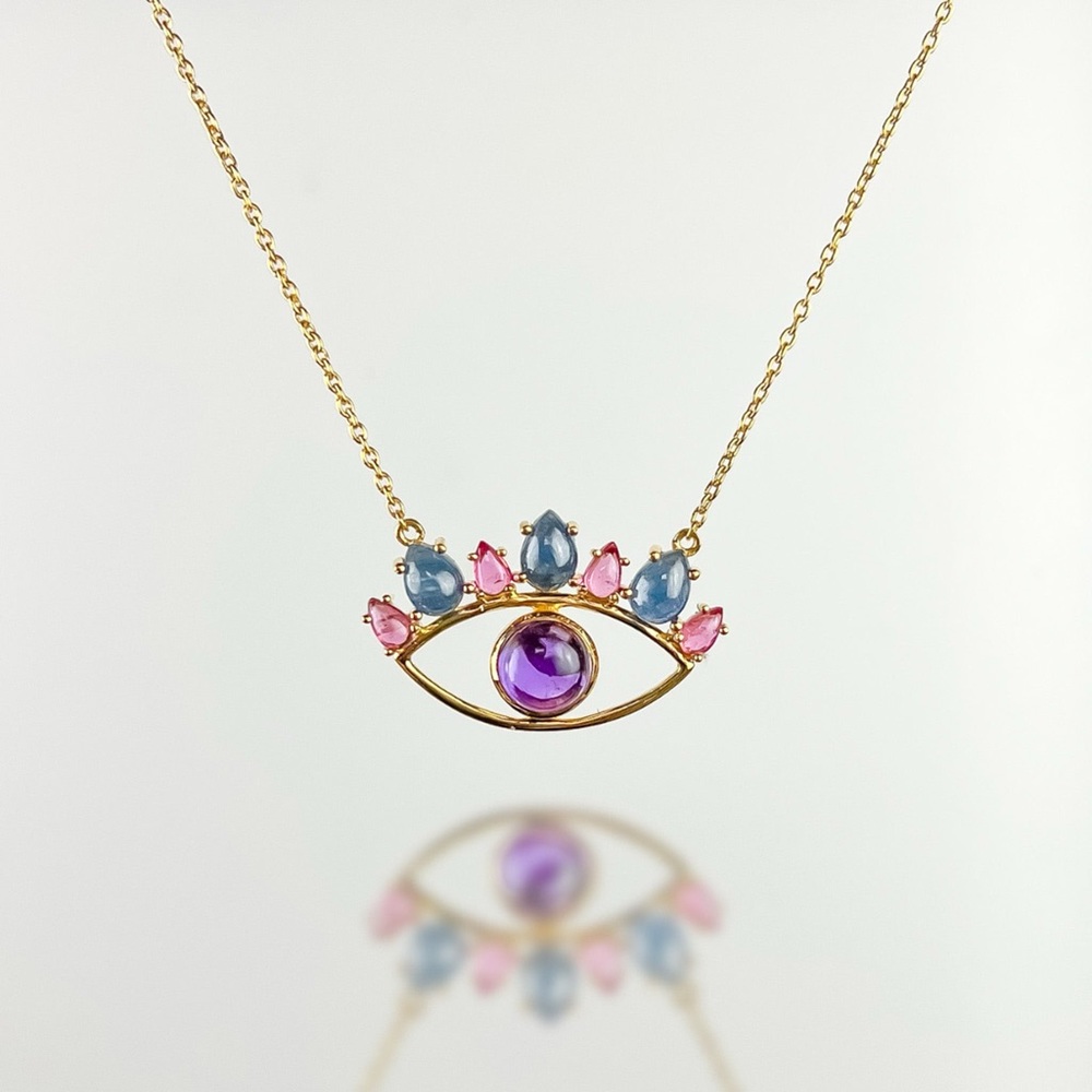 Amethyst, Blue Sapphire, Pink Tourmaline 14k Gold Vermeil  Evil Eye Necklace